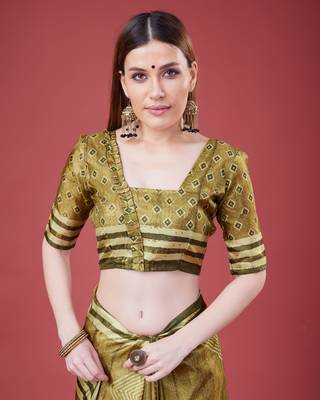 Mehendi Geometric And Floral Printed Silk Self Design With Golden Border Saree For Women With Blouse Piece 5