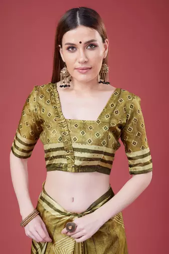 Mehendi Geometric And Floral Printed Silk Self Design With Golden Border Saree For Women With Blouse Piece