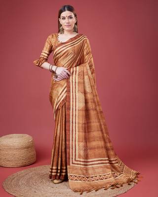 Brown Geometric And Floral Printed Silk Self Design With Golden Border Saree For Women With Blouse Piece 1