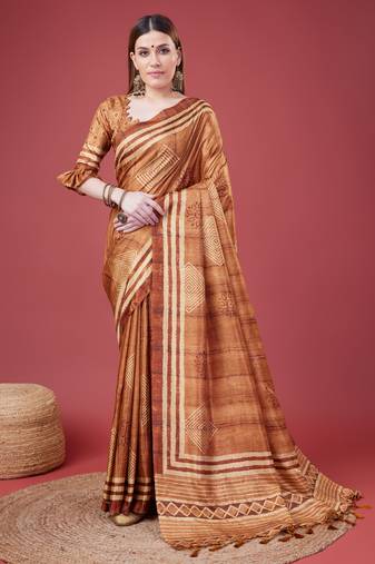 Brown Geometric And Floral Printed Silk Self Design With Golden Border Saree For Women With Blouse Piece