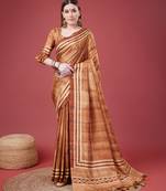 Brown Geometric And Floral Printed Silk Self Design With Golden Border Saree For Women With Blouse Piece