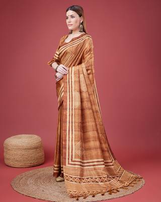 Brown Geometric And Floral Printed Silk Self Design With Golden Border Saree For Women With Blouse Piece 2
