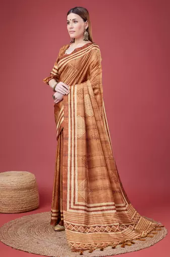 Brown Geometric And Floral Printed Silk Self Design With Golden Border Saree For Women With Blouse Piece