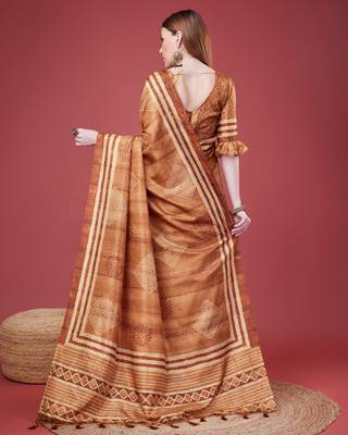 Brown Geometric And Floral Printed Silk Self Design With Golden Border Saree For Women With Blouse Piece 3