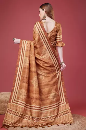 Brown Geometric And Floral Printed Silk Self Design With Golden Border Saree For Women With Blouse Piece
