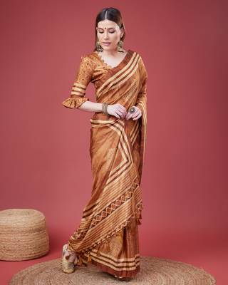 Brown Geometric And Floral Printed Silk Self Design With Golden Border Saree For Women With Blouse Piece 4
