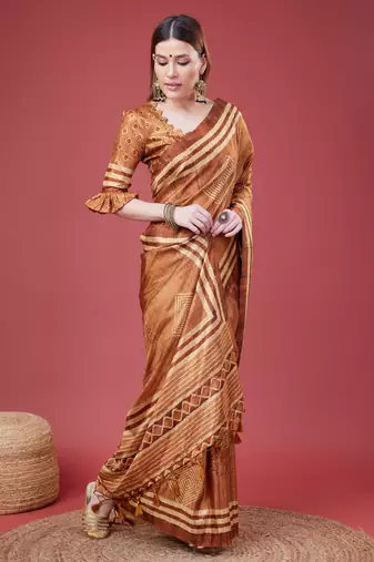 Brown Geometric And Floral Printed Silk Self Design With Golden Border Saree For Women With Blouse Piece