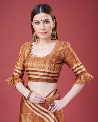 Brown Geometric And Floral Printed Silk Self Design With Golden Border Saree For Women With Blouse Piece 5