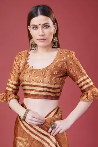 Brown Geometric And Floral Printed Silk Self Design With Golden Border Saree For Women With Blouse Piece