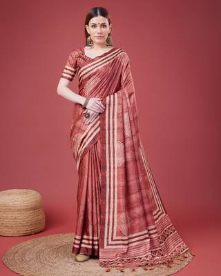 Maroon Geometric And Floral Printed Silk Self Design With Golden Border Saree For Women With Blouse Piece 1