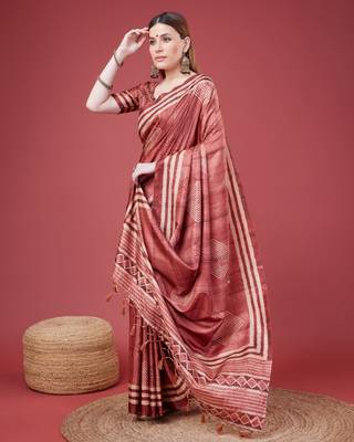 Maroon Geometric And Floral Printed Silk Self Design With Golden Border Saree For Women With Blouse Piece 2