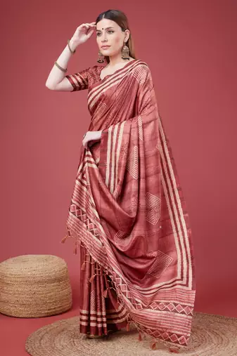 Maroon Geometric And Floral Printed Silk Self Design With Golden Border Saree For Women With Blouse Piece