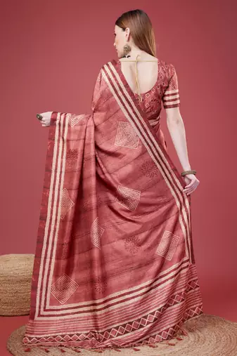 Maroon Geometric And Floral Printed Silk Self Design With Golden Border Saree For Women With Blouse Piece