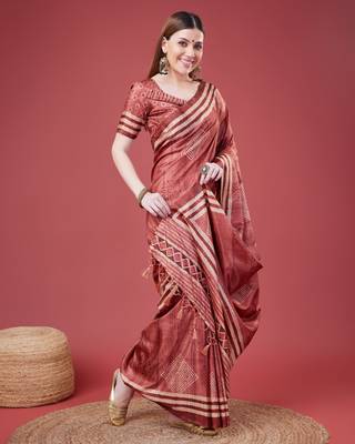 Maroon Geometric And Floral Printed Silk Self Design With Golden Border Saree For Women With Blouse Piece 4