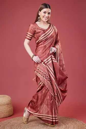 Maroon Geometric And Floral Printed Silk Self Design With Golden Border Saree For Women With Blouse Piece
