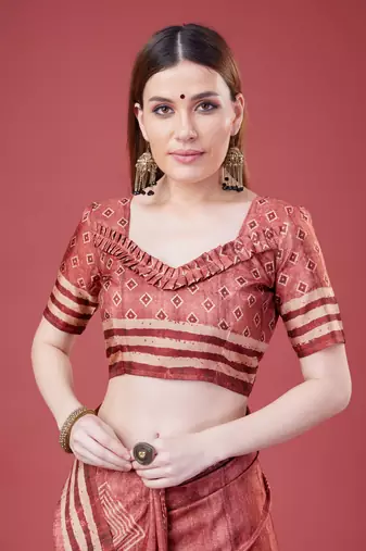 Maroon Geometric And Floral Printed Silk Self Design With Golden Border Saree For Women With Blouse Piece