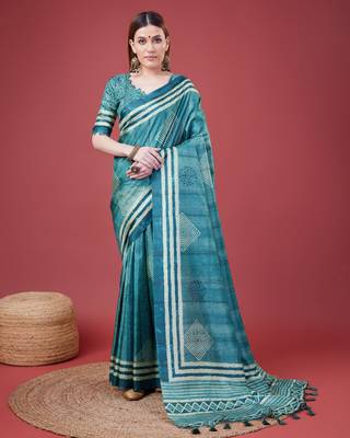 Blue Geometric And Floral Printed Silk Self Design With Golden Border Saree For Women With Blouse Piece 1