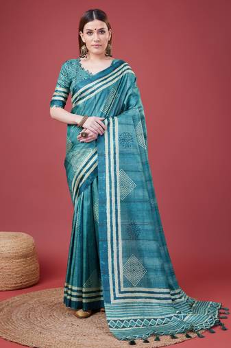 Blue Geometric And Floral Printed Silk Self Design With Golden Border Saree For Women With Blouse Piece