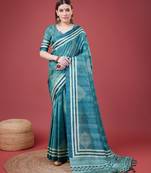 Blue Geometric And Floral Printed Silk Self Design With Golden Border Saree For Women With Blouse Piece