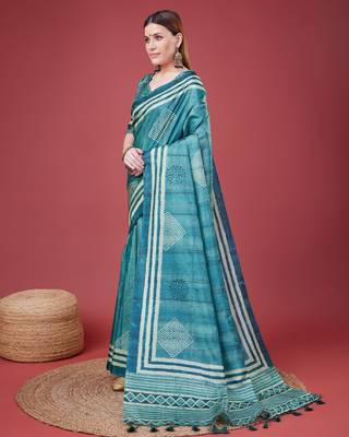 Blue Geometric And Floral Printed Silk Self Design With Golden Border Saree For Women With Blouse Piece 2