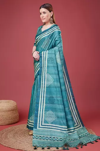 Blue Geometric And Floral Printed Silk Self Design With Golden Border Saree For Women With Blouse Piece
