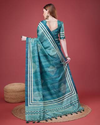Blue Geometric And Floral Printed Silk Self Design With Golden Border Saree For Women With Blouse Piece 3