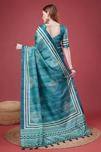 Blue Geometric And Floral Printed Silk Self Design With Golden Border Saree For Women With Blouse Piece