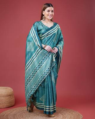 Blue Geometric And Floral Printed Silk Self Design With Golden Border Saree For Women With Blouse Piece 4
