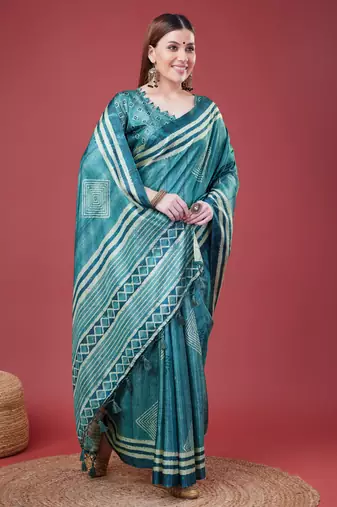 Blue Geometric And Floral Printed Silk Self Design With Golden Border Saree For Women With Blouse Piece