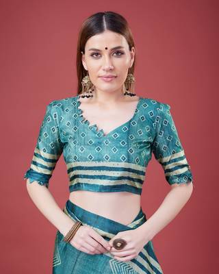Blue Geometric And Floral Printed Silk Self Design With Golden Border Saree For Women With Blouse Piece 5