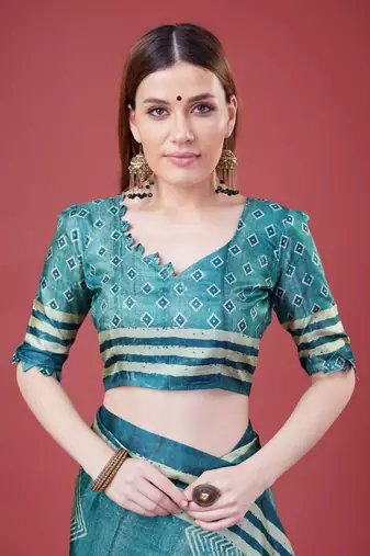 Blue Geometric And Floral Printed Silk Self Design With Golden Border Saree For Women With Blouse Piece