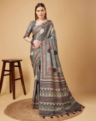 Grey Geometric And Floral Printed Silk Self Design With Golden Border Saree For Women With Blouse Piece 1
