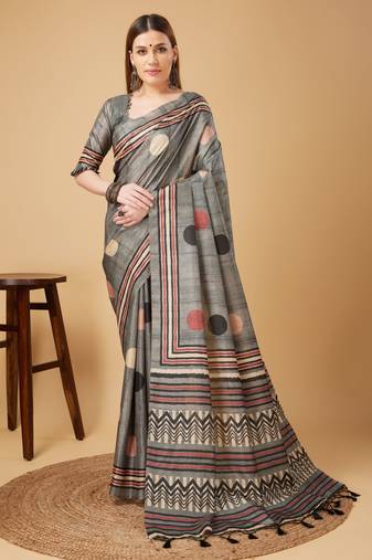 Grey Geometric And Floral Printed Silk Self Design With Golden Border Saree For Women With Blouse Piece