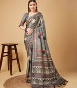 Grey Geometric And Floral Printed Silk Self Design With Golden Border Saree For Women With Blouse Piece