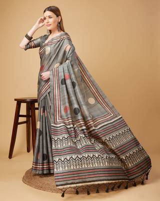 Grey Geometric And Floral Printed Silk Self Design With Golden Border Saree For Women With Blouse Piece 2