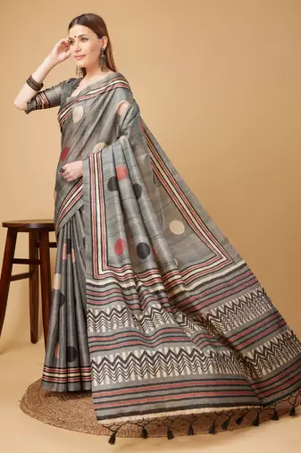 Grey Geometric And Floral Printed Silk Self Design With Golden Border Saree For Women With Blouse Piece