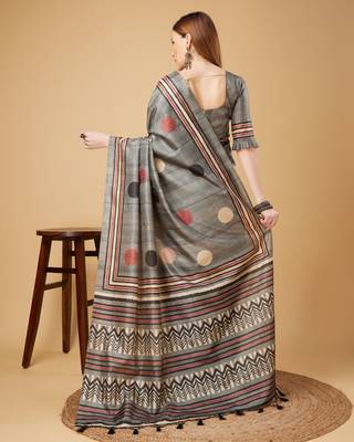 Grey Geometric And Floral Printed Silk Self Design With Golden Border Saree For Women With Blouse Piece 3