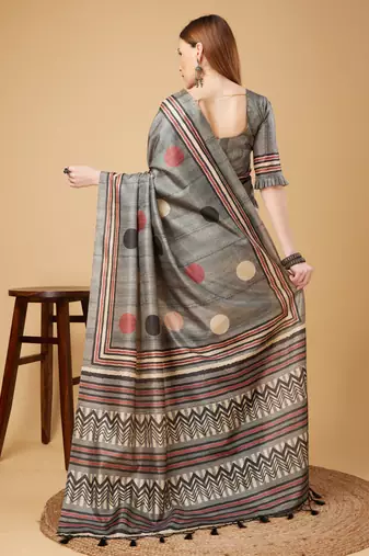 Grey Geometric And Floral Printed Silk Self Design With Golden Border Saree For Women With Blouse Piece