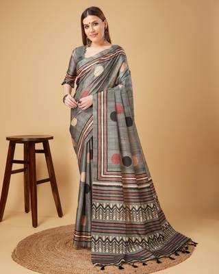 Grey Geometric And Floral Printed Silk Self Design With Golden Border Saree For Women With Blouse Piece 4