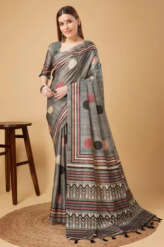 Grey Geometric And Floral Printed Silk Self Design With Golden Border Saree For Women With Blouse Piece