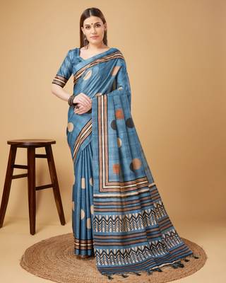 Blue Geometric And Floral Printed Silk Self Design With Golden Border Saree For Women With Blouse Piece 1