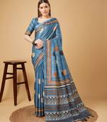 Blue Geometric And Floral Printed Silk Self Design With Golden Border Saree For Women With Blouse Piece