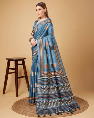 Blue Geometric And Floral Printed Silk Self Design With Golden Border Saree For Women With Blouse Piece 2