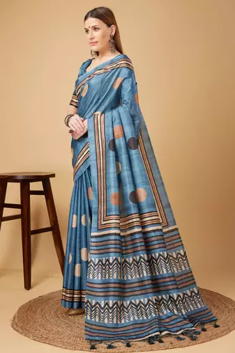 Blue Geometric And Floral Printed Silk Self Design With Golden Border Saree For Women With Blouse Piece