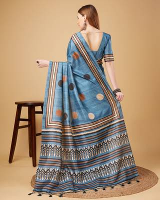 Blue Geometric And Floral Printed Silk Self Design With Golden Border Saree For Women With Blouse Piece 3