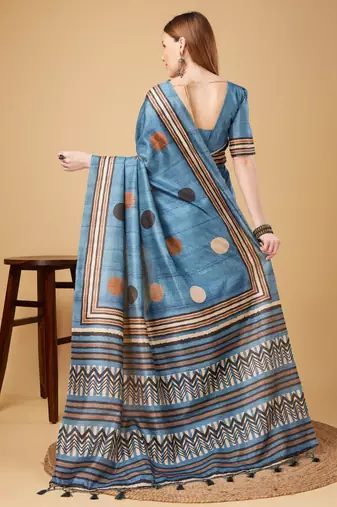 Blue Geometric And Floral Printed Silk Self Design With Golden Border Saree For Women With Blouse Piece