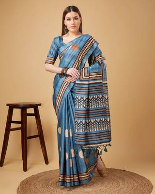 Blue Geometric And Floral Printed Silk Self Design With Golden Border Saree For Women With Blouse Piece 4