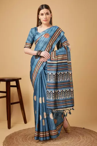 Blue Geometric And Floral Printed Silk Self Design With Golden Border Saree For Women With Blouse Piece
