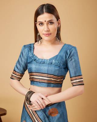 Blue Geometric And Floral Printed Silk Self Design With Golden Border Saree For Women With Blouse Piece 5