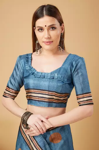 Blue Geometric And Floral Printed Silk Self Design With Golden Border Saree For Women With Blouse Piece
